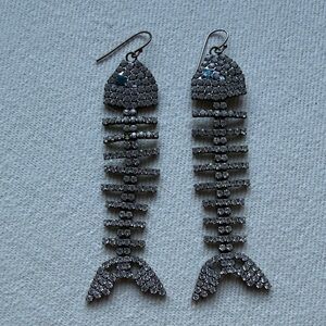 Silver Fish Skeleton Drop Earrings - Sparkling Crystal Fish Design